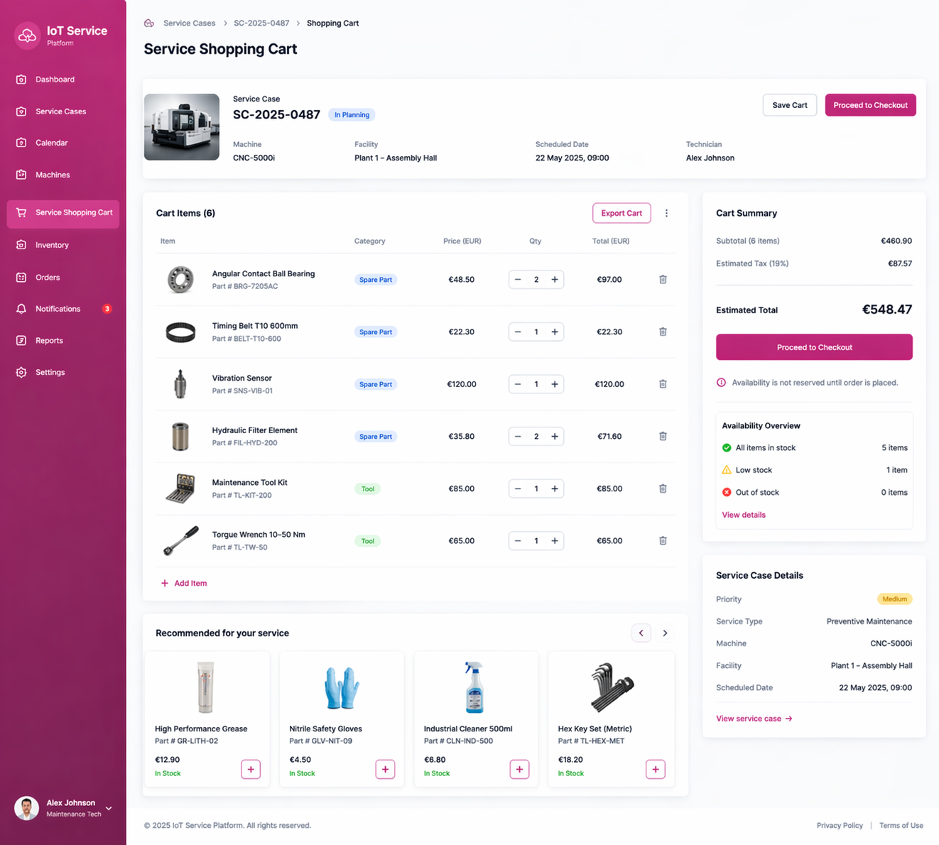 Service-Warenkorb und -Kalender für IoT-Plattform